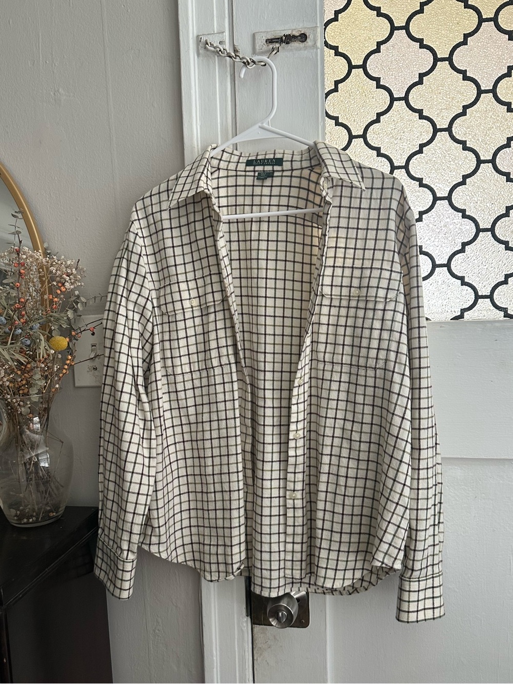 Lauren Ralph Lauren Cream Cotton Button-Down Shirt with Colorful Grid